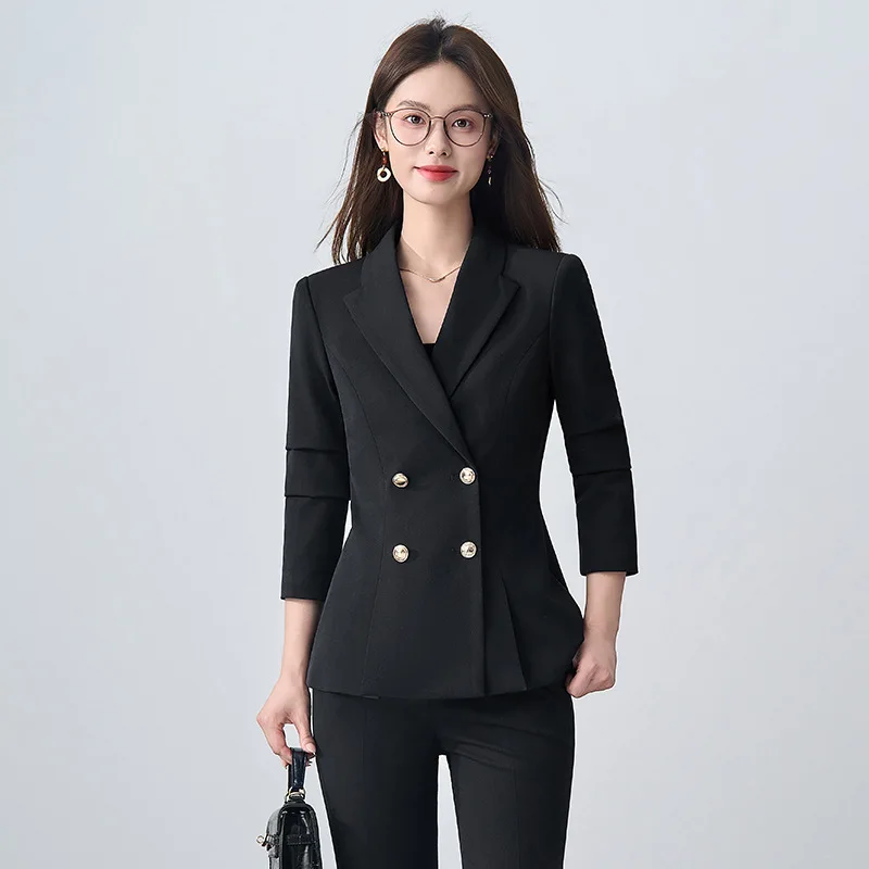Double-Breasted Elegant Commuter Professional Suit Jacket Slim Fit Navy Blue Manager Workwear Hotel Reception Uniform