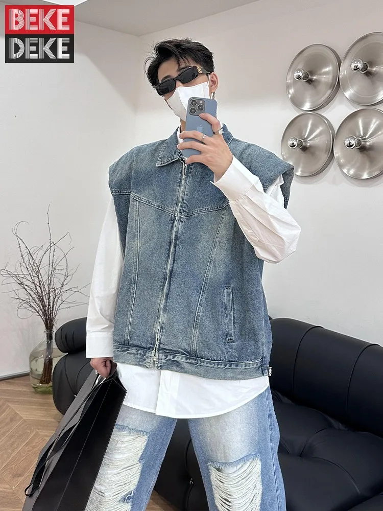 High Street Men Oversized Vest Top Shoulder Padded Sleeveless Denim Jacket Spring Loose Fashion Cowboy Waistcoat Vintage Vests