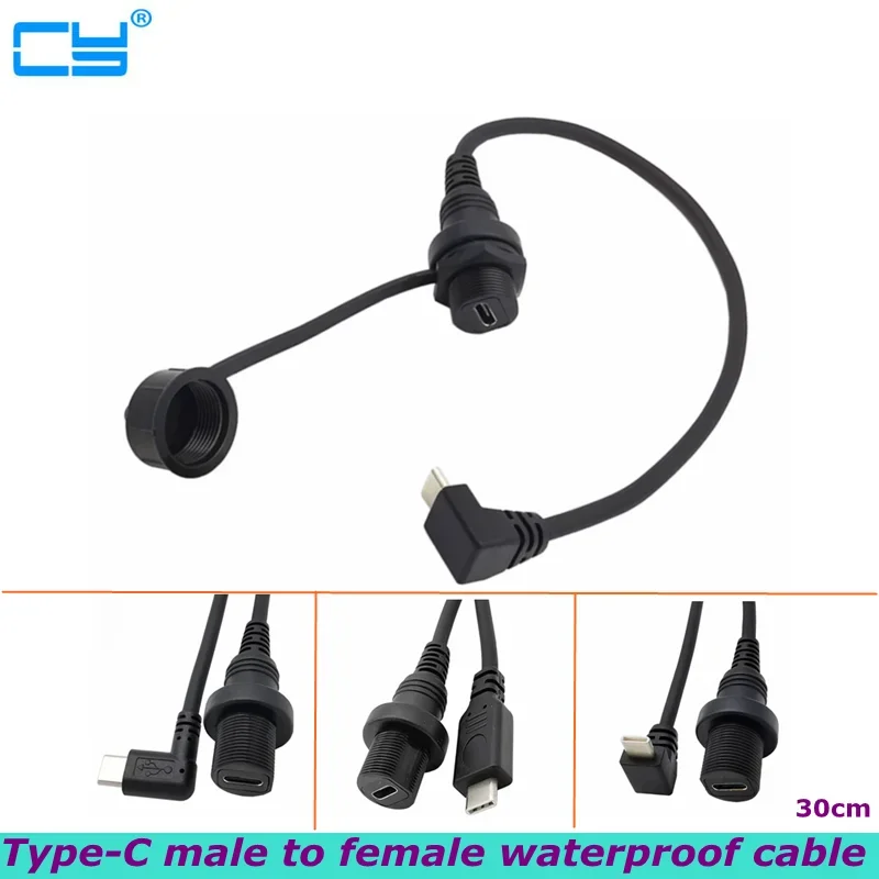 USB-C 90 degree male to female IP67 waterproof cable type c 3.1 car ship dashboard panel mount connector extension cable