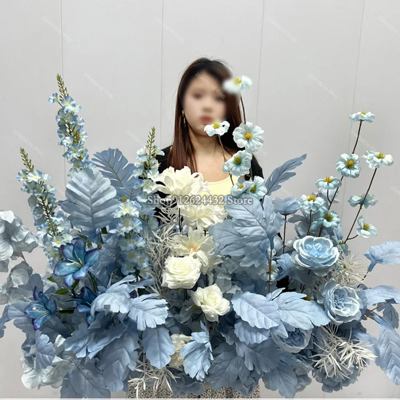 فاخر أزرق أبيض روز الطابق زهرة الاصطناعي شنقا زهرة صف الزفاف خلفية ديكور ترتيب لأحداث الحفلات في الهواء الطلق #1