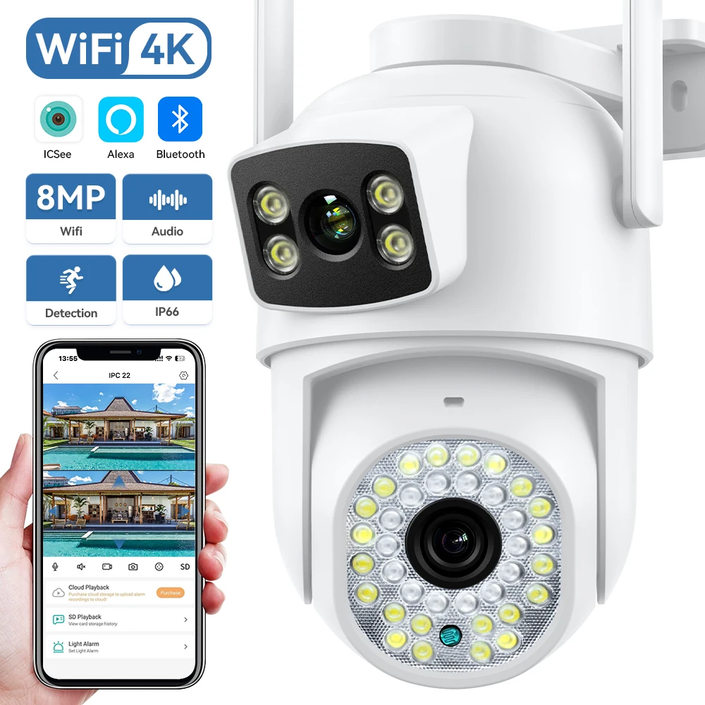 

4K 8MP Wifi Camera Dual Lens Ai Human Detect Auto Tracking H.265 Outdoor Wireless 6MP Color Night Vision CCTV Camera