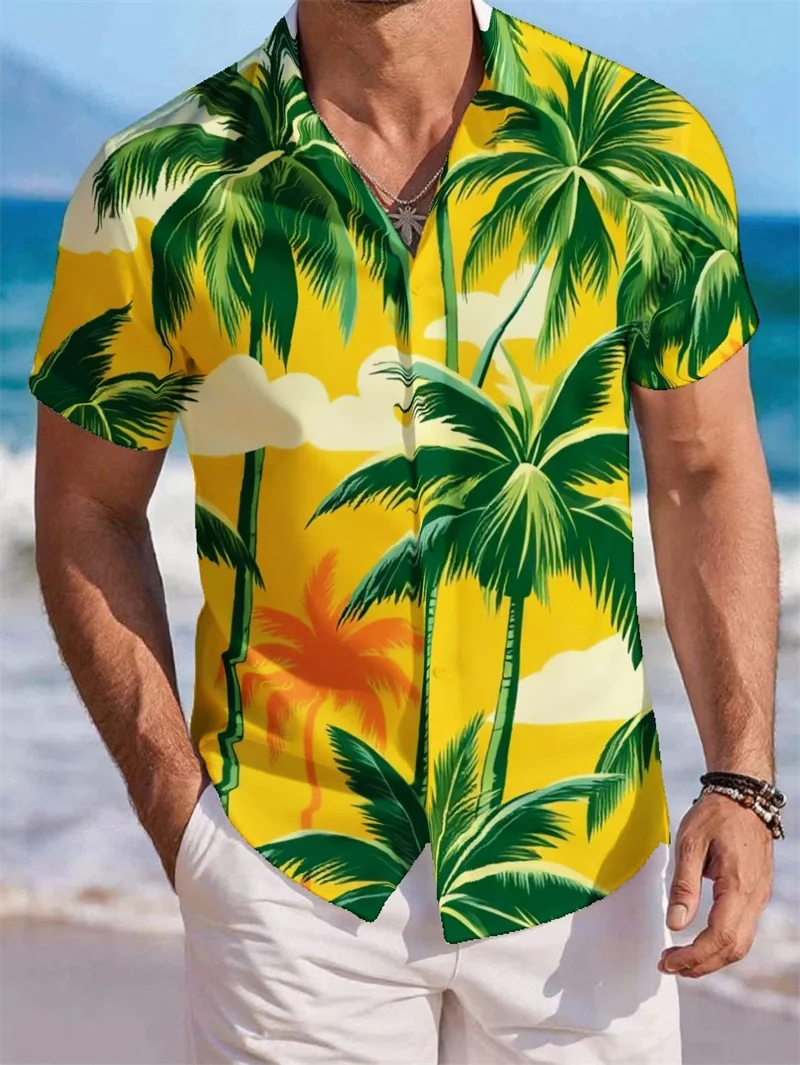 

Palm Tree Pattern Hawaiian Men's Shirts Sunset Gradient Print Button Up Short Sleeve Summer Shirt Cheap Fashion Man Shirt