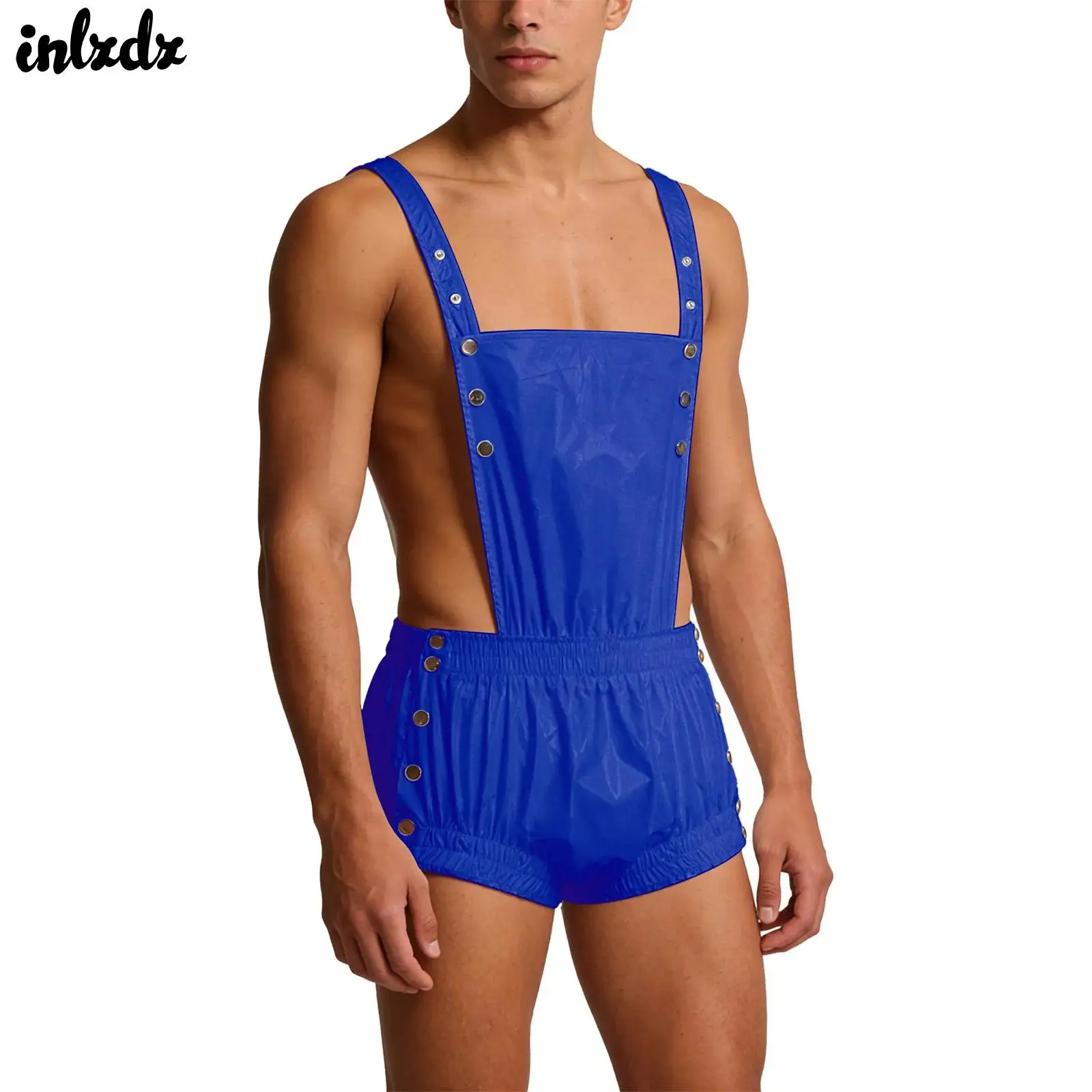 

Mens Overalls Shorts Metal Rivet Embellished Suspenders Bodysuit Waterproof Tear-away Rivet Pressing Buttons Ruffled Rompers