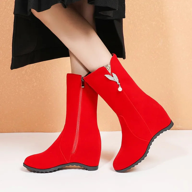 

YMECHIC 2025 Winter Concise Pearl Wedges Ankle Boots Internal Increase Wedges Side Zipper Party Black Red Women Shoes Plus Size
