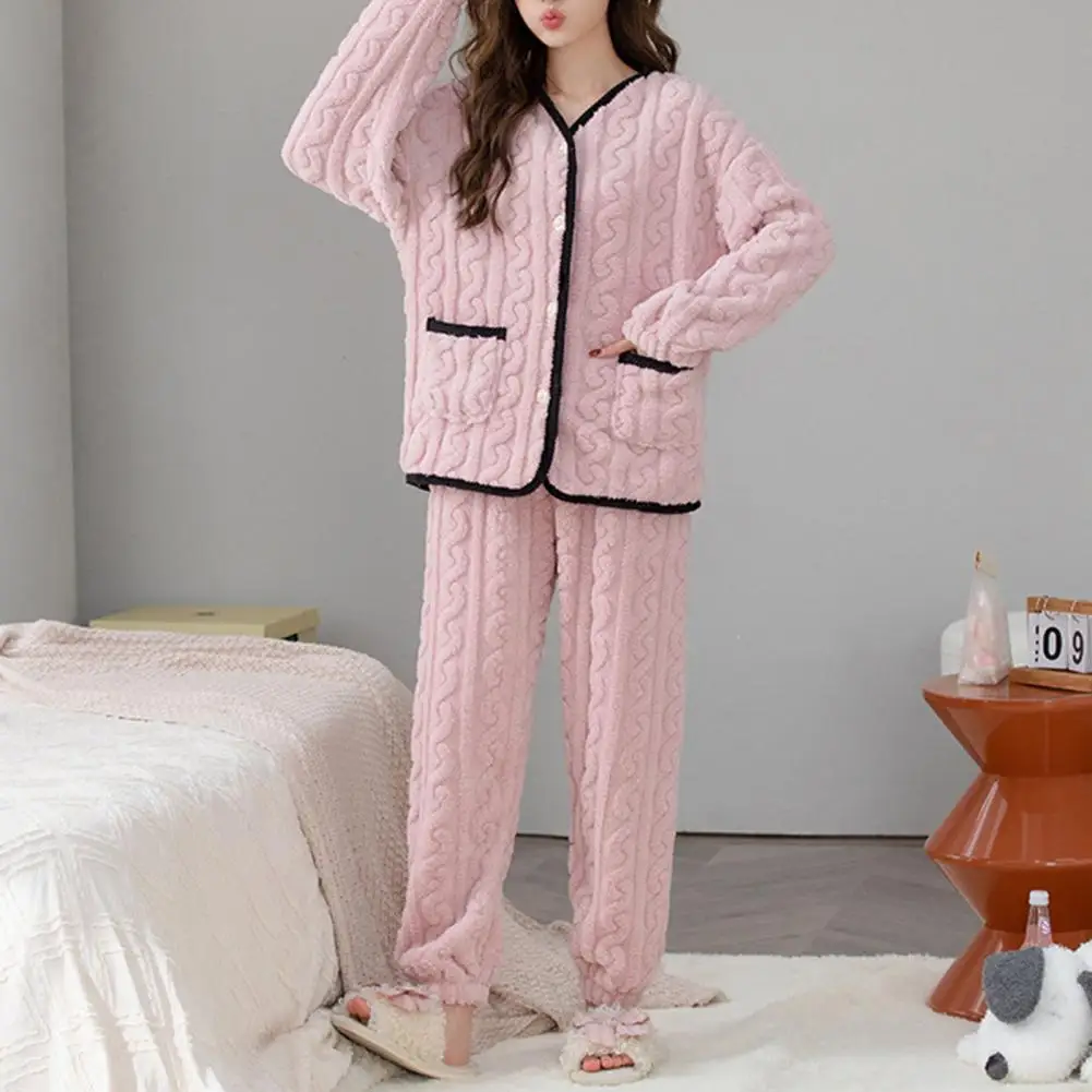 Warm Pajamas Pockets 2 Nightwear Loungewear Sleeve Thermal Plush Suit Women Set Fluffy Winter Autumn Pieces Long Sleepwear Fuzzy