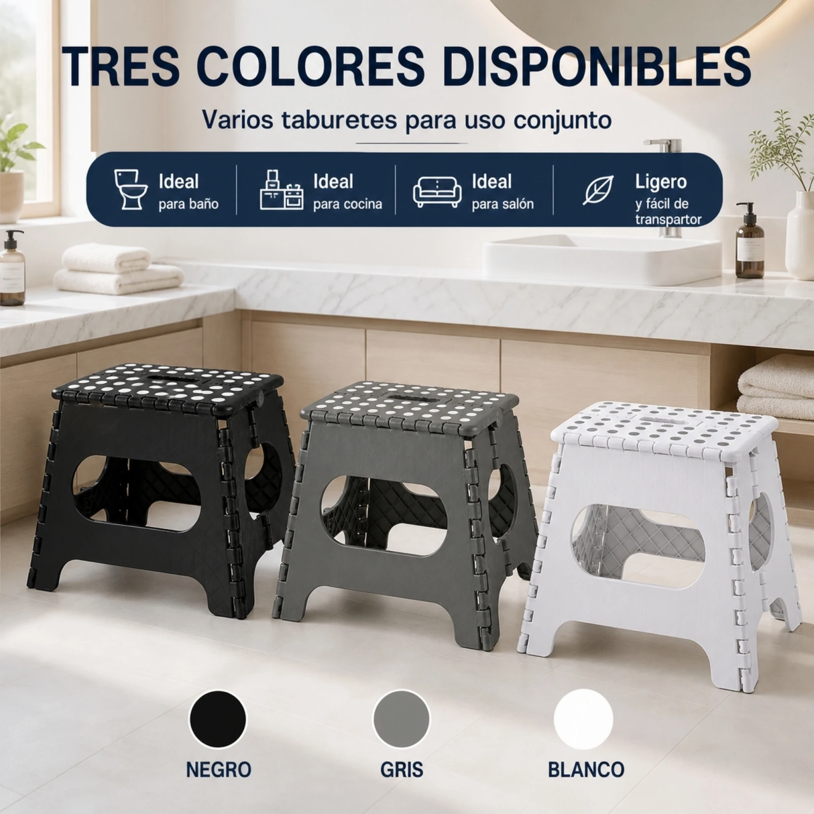 Tabouret pliable polyvalent pour la maison et la cuisine, siège en plastique durable et portable avec poignée intégrée, surface antidérapante, supporte jusqu'à 150 kg, hauteur 27,5 cm.
