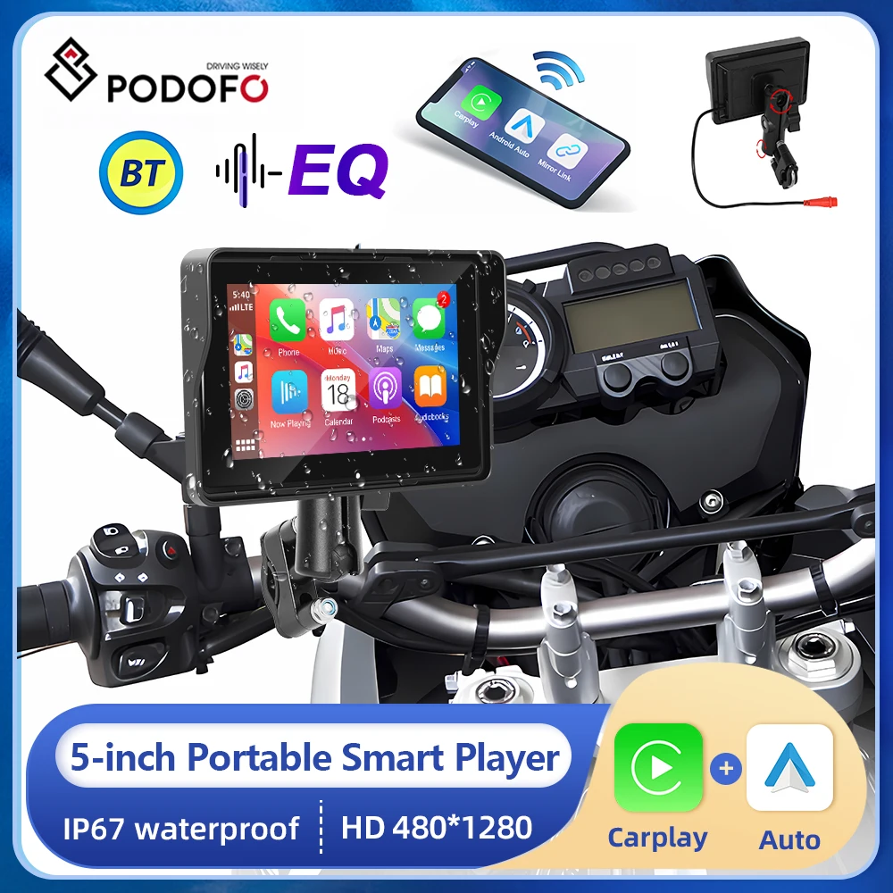 Podofo Motorcycle Monitor 5” Screen Carplay Portable Smart Player Android autio Airplay IP67 Waterproof Bluetooth EQ No DVR