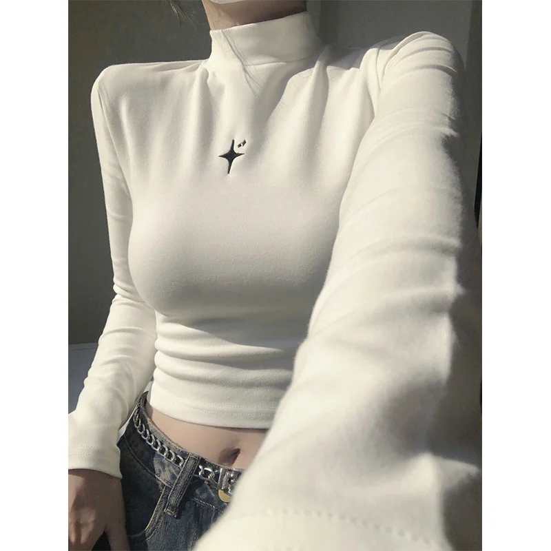 

White f-High Collar Long Sve Thermal T-irt Women's ort Sle Fce-Lined Inner Wear Slim Fit Autumn Winter Top