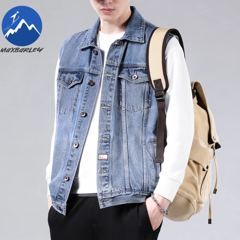 

2025 Autumn Denim Vest Mens Blue Sleeveless Denim Jacket Retro Street Clothing Male Fashion Loose Motorcycle Pocket Denim Coat