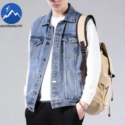 2025 Autumn Denim Vest Mens Blue Sleeveless Denim Jacket Retro Street Clothing Male Fashion Loose Motorcycle Pocket Denim Coat