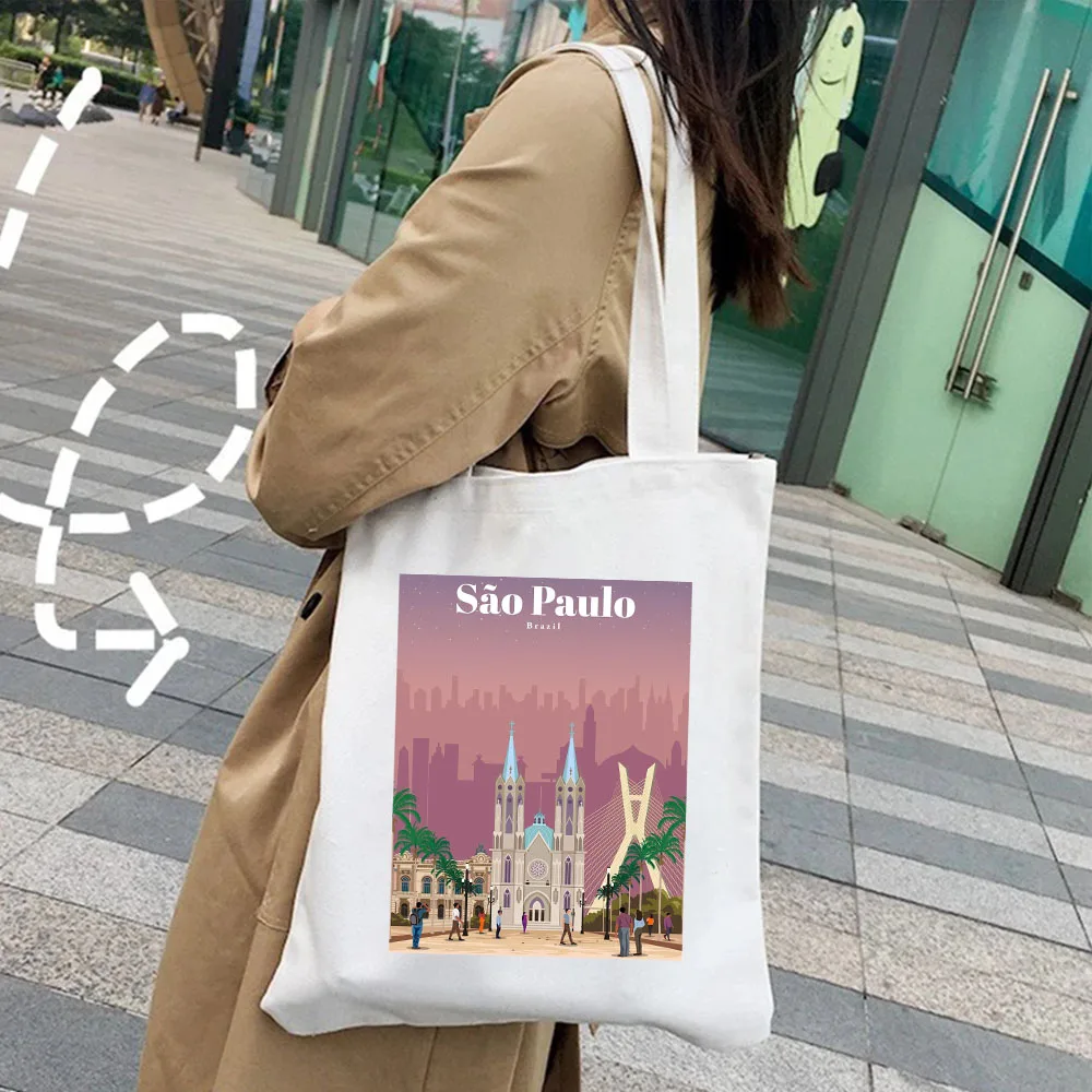 Montreal Mumbai Munich New Delhi Osaka Petra Prague Quebec Rejkjavik Riga Seoul Korea Canvas Shopping Totes Bag Shopper Handbags