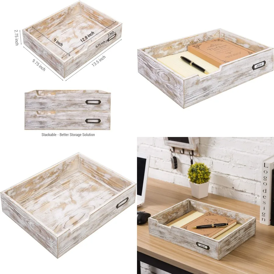 

Белый настольный поднос для писем в деревенском стиле для домашнего офиса и кабинета — вставной держатель из потертого дерева с металлической этикеткой Perfe