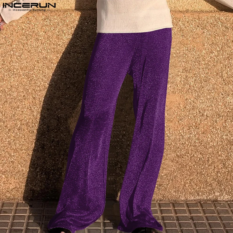 2024 Men American Fashion Long Pnats INCERUN Casual Flash Of Light Maxi Trousers Elastic Waist Eleagnt Simple Wide Leg Bottoms