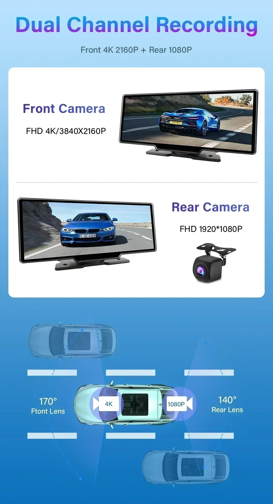Srnubi 10,26" Dash Cam Rück Carplay Android Auto 4K DVR Navigation Player Dual Len Recorder Dashboard WIFI BT – Detail 7