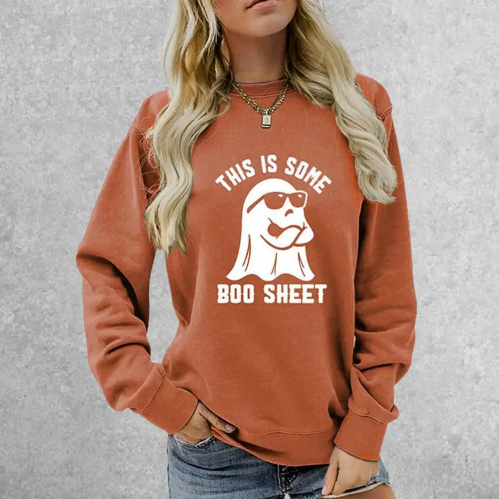 Stretchy Top Women's Halloween Sweatshirt with Digital Cartoon Printing Loose Fit Round Neck Pullover for Fall Spring Sporty