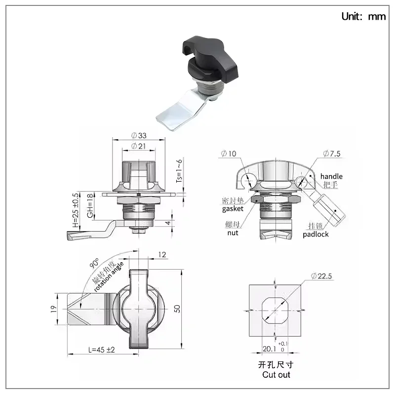 3pcs Zinc Alloy Tongue Lock for Industrial Automation Machinery Electrical Chassis Cabinet Durable Metal Door Handle Locking Sys