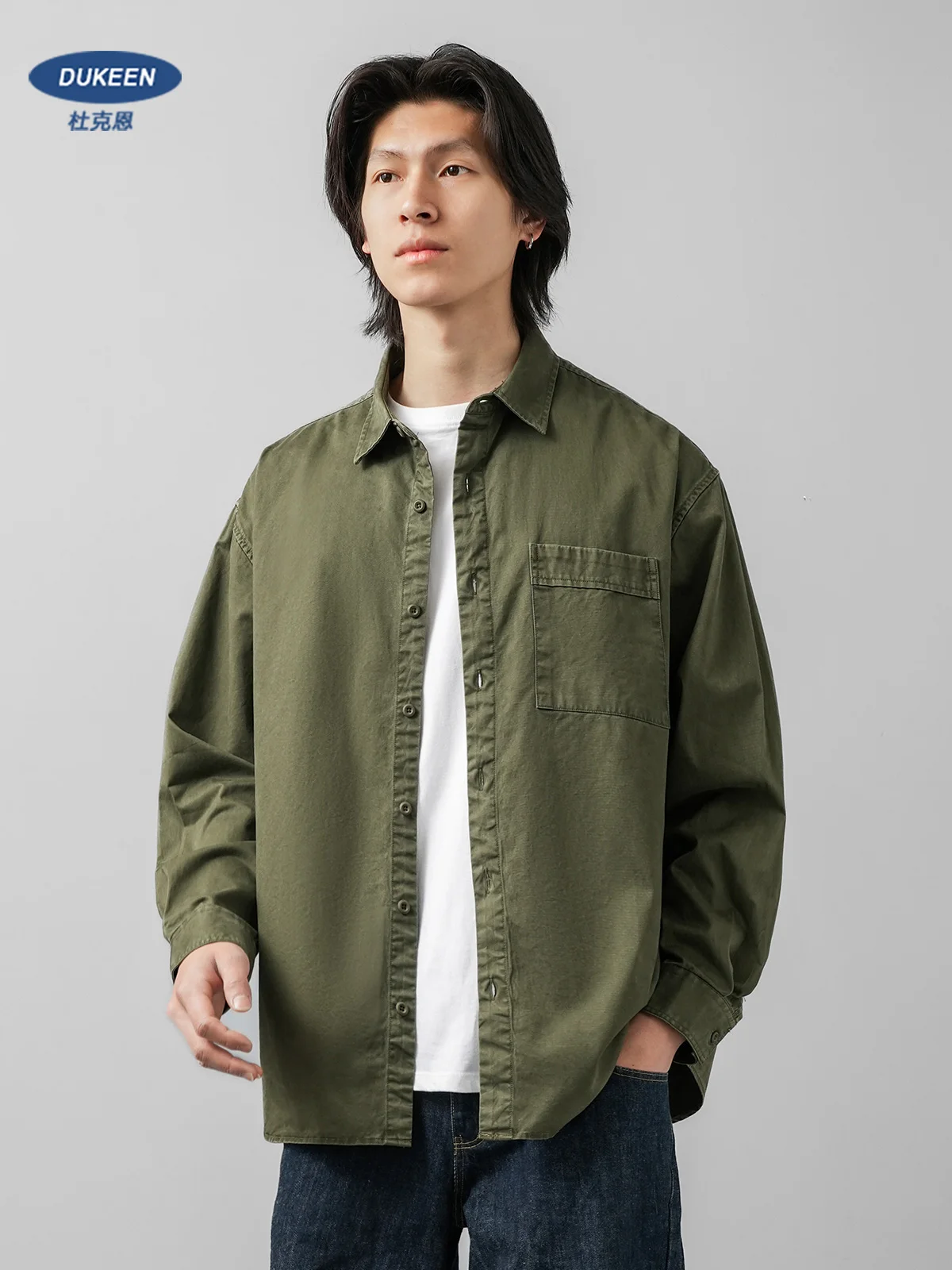 

DUKEEN 100% Cotton Workwear Shirt for Men 2025 Autumn Japanese Style Vintage Loose Casual Long Sleeve Tops Basic Men's Clothing
