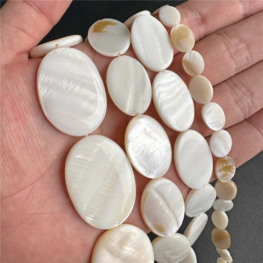 Flat Oval Shell Beads Natural Mother of Pearl Shell Oval Beads for Making Necklace Jewelry DIY Bracelet Handwork 15 Inches