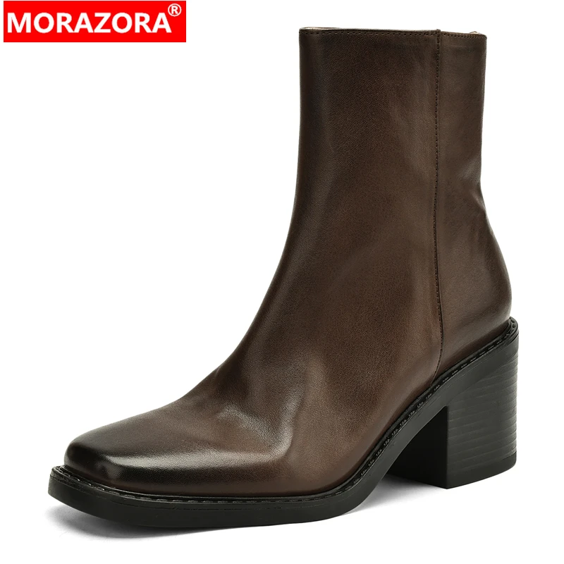 MORAZORA Plus Size 34-42 New Genuine Leather Boots Women Round Toe Chunky High Heels Autumn Winter Ankle Boots Fashion Shoes