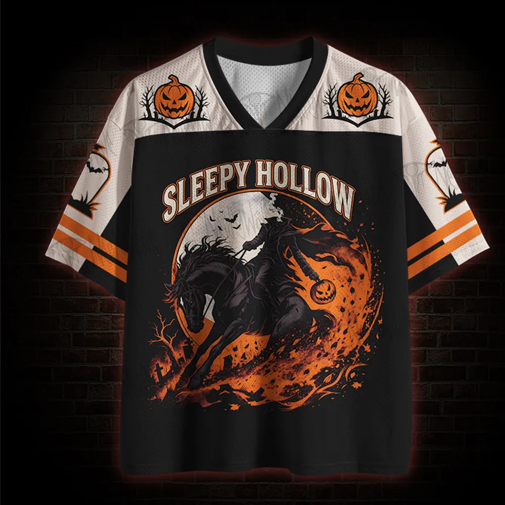 Halloween Limited V-neck Short Sleeved Shirt, Horror Night Pumpkin Head Short Sleeved Shirt,Trendy Sportswear,Full Print T-shirt