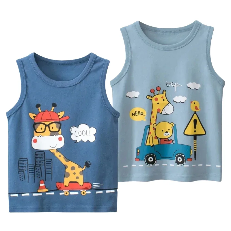 2025 Summer New Cartoon Giraffe T-Shirt for Boys Vest Children's Clothing Sleeveless Cotton Tops Tees Kids Clothes Dropshipping