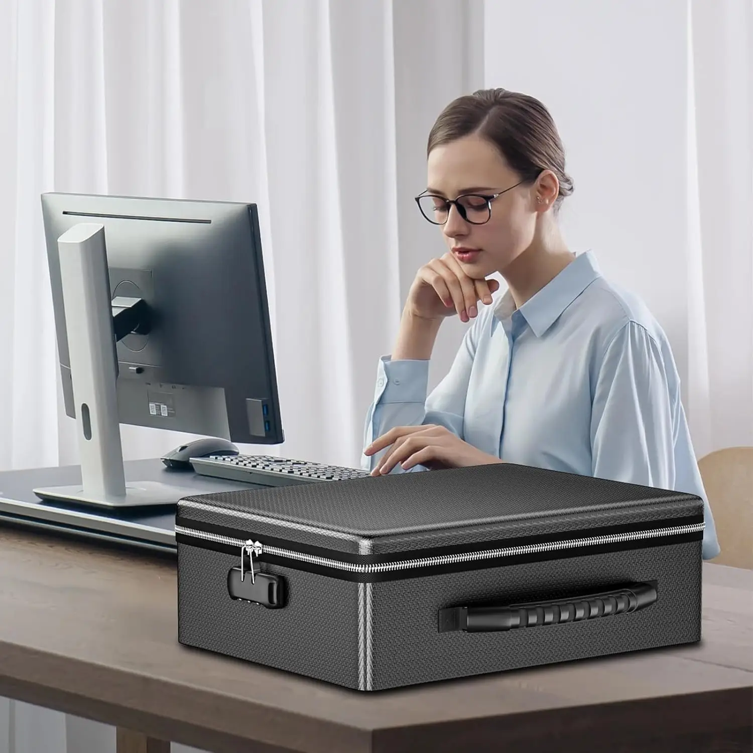 Fireproof Document Box with Lock, Heat & Water Resistant Portable Storage for Files, Laptop, Cash - Black