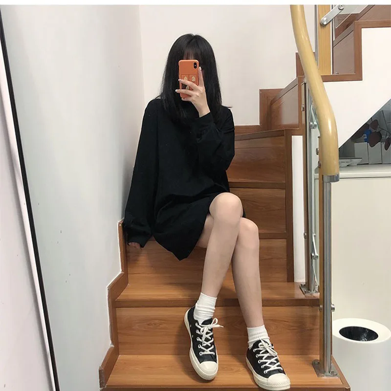 Long Sleeve Dress Women Hot Sale 4XL Black Harajuku BF Korean Style Sashes Womens All-match Chic Simple Student Streetwear New