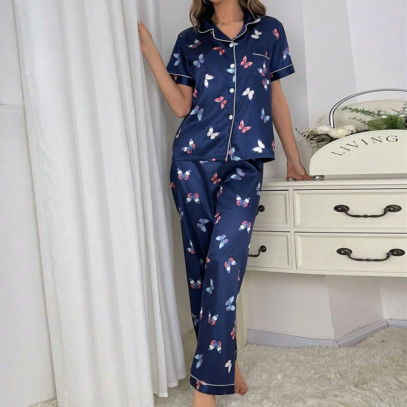 Women\'s Satin Butterfly Print Relaxed Fit Pajama Set Soft and Comfortable Short Sleeve Lapel Top and Pants Sleepwear Loungewear