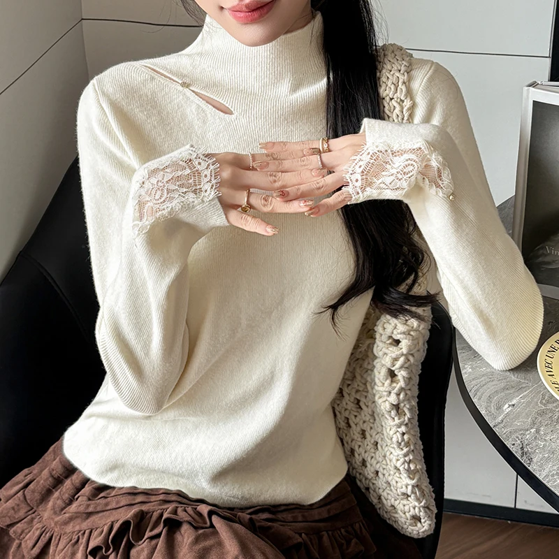 

Женский вязаный свитер Long Sve с кружевной отделкой, ажурный, High Ne Base irt, внутренняя и верхняя одежда, осень-зима, мода