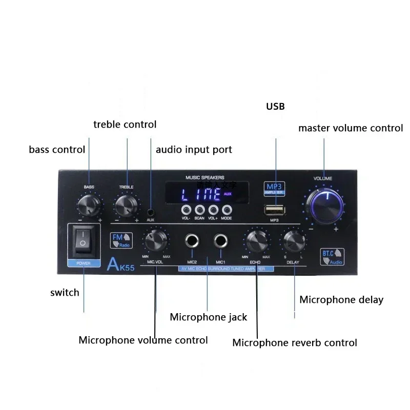 

Домашний усилитель мощности для AK55 900 Вт, 2,0 каналов, Bluetooth 5,0, Hi-Fi Цифровой стерео звуковой усилитель 2,0, 450 Вт + 450 Вт, сабвуфер