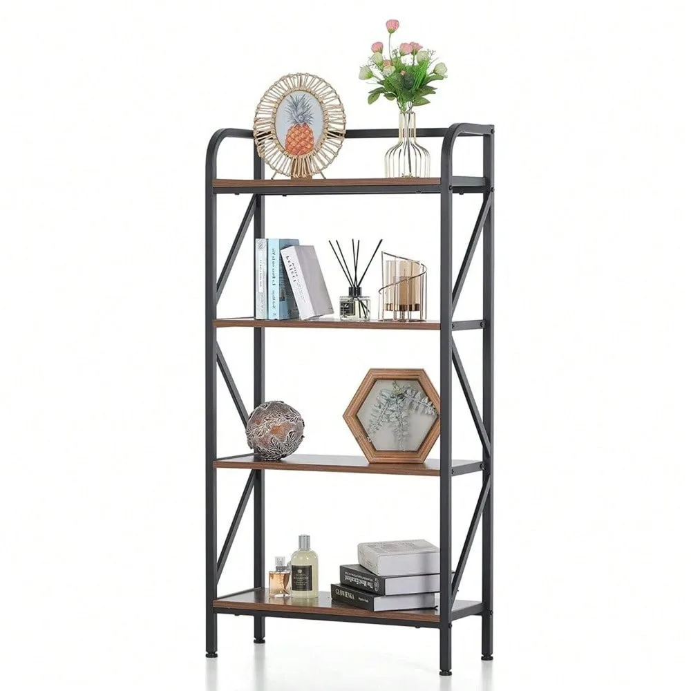 4 Shelf Bookcase Industrial Rustic Vintage Open Storage Metal & Wood Bookshelf