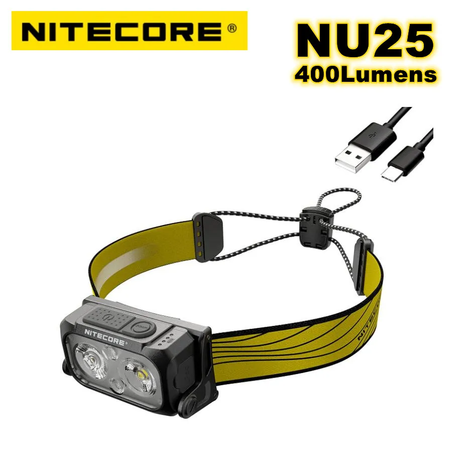 

NITECORE NU25 Upgraded 400 lumen headlamp USB-C Rechargeable Three Light Source Headlight IP66 protection level Built-in Battery