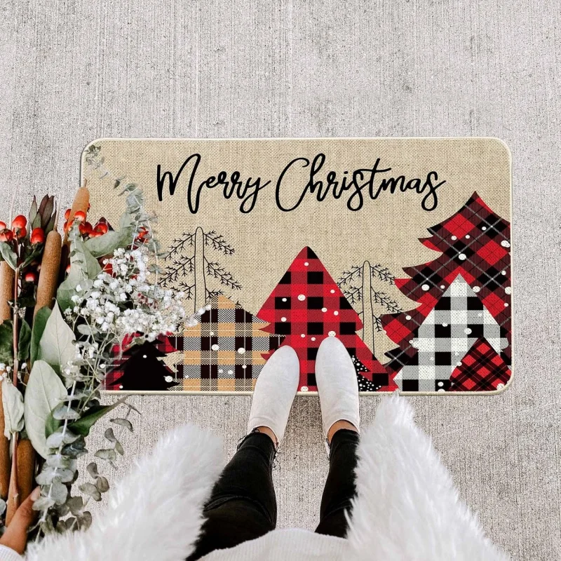 Christmas red and black checkered snowman washable anti slip door mat winter home decoration