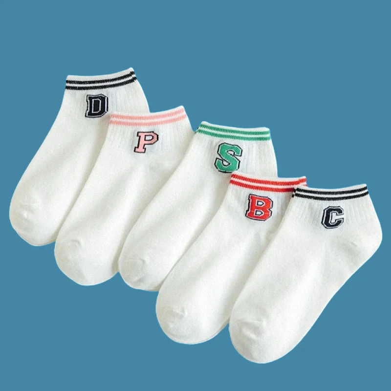 Calcetines de algodón de tubo medio para mujer, medias de alta calidad con letras, estilo universitario, doble barra, color blanco, para las cuatro estaciones, 5/10 pares