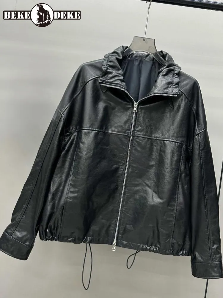 オフィスレディース ターンダウンカラー 快適な本革ジャケット ソリッドカラー 牛革 長袖 ルーズジッパー アウターウェア