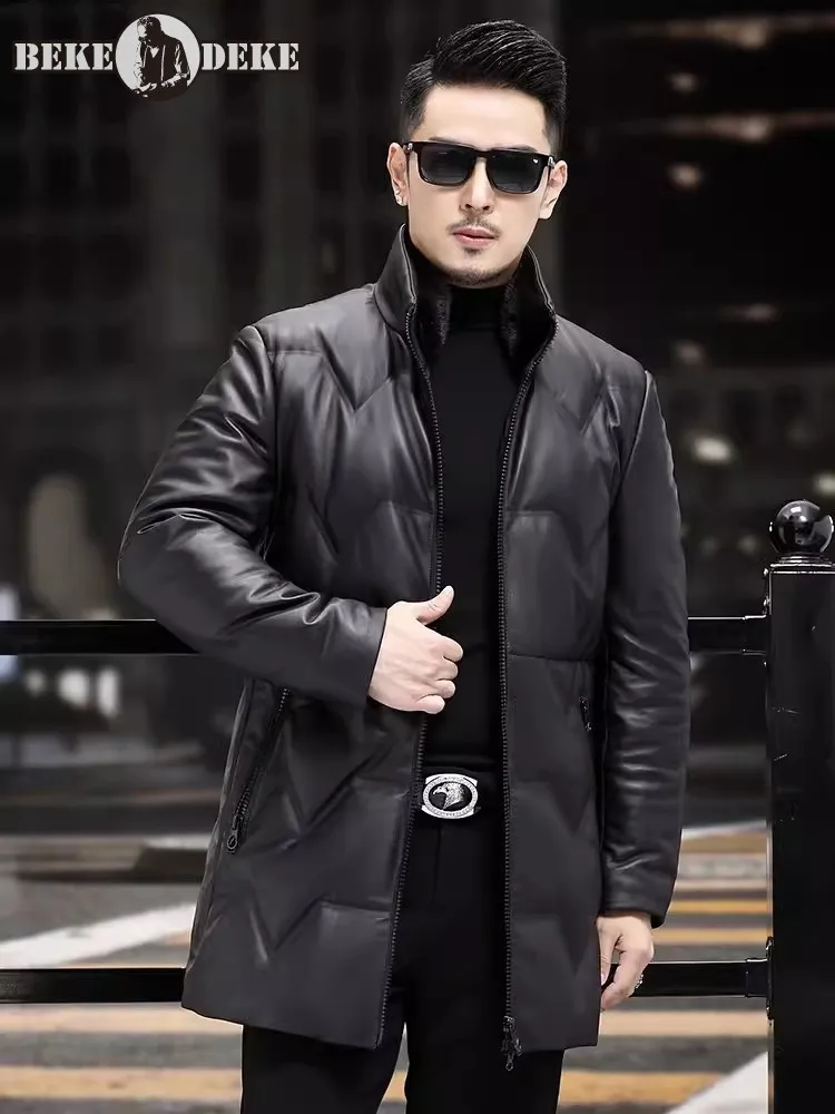 High Street Fashion Mens Genuine Leather Down Coat Winter Warm Stand Collar Casual Outerwear Middle Long Black Sheepskin Jacket