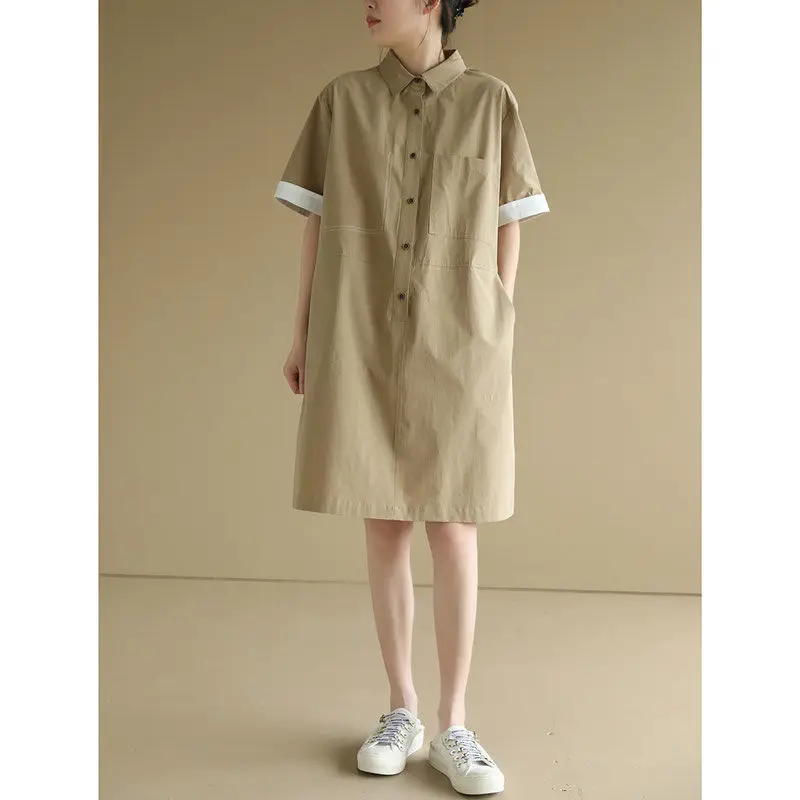 Women Cotton Linen Shirts Solid Long Shirts Dresses Oversized Pullovers Vintage Short Sleeve Shirts Blouse Tops Ladies Skirts