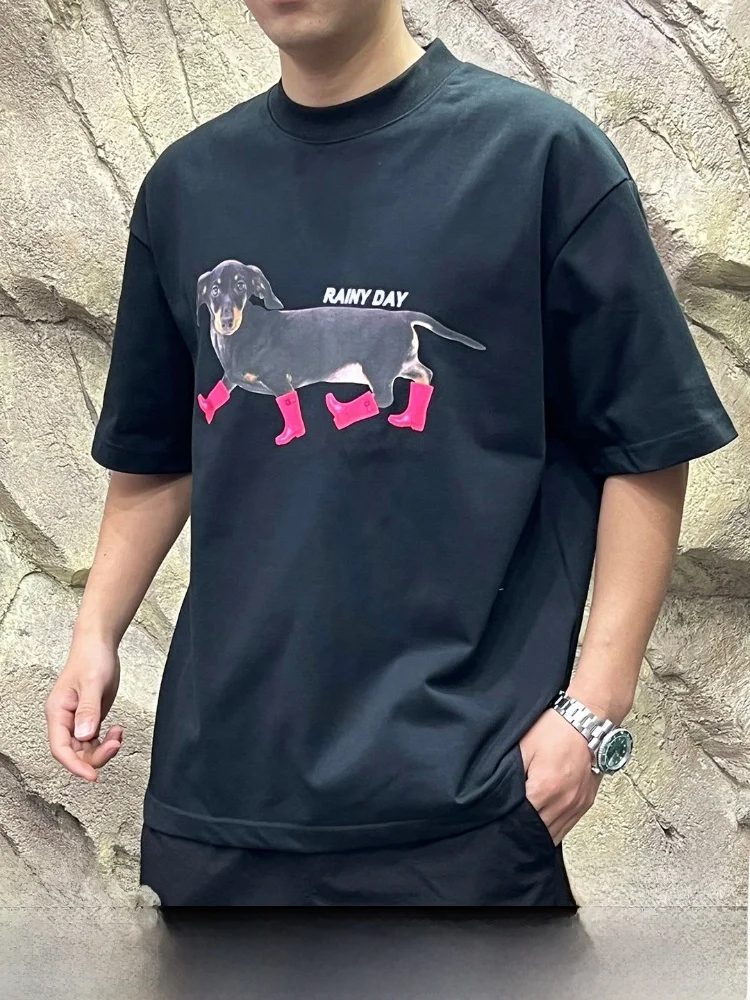 

High Quality Line Sausage Dog Print Short Sleeve T-Shirt Men's Summer Loose Fit Cotton Casual round Neck Tee