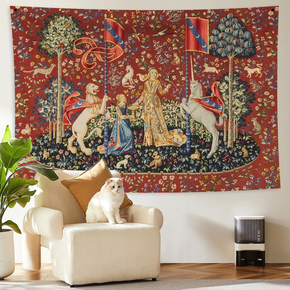 Medieval Vintage Tapestry Lady and Unicorn Euro Flower Red Print Room Decor Large Wall Tapestry Bedroom Backdrop Fabric Blanket