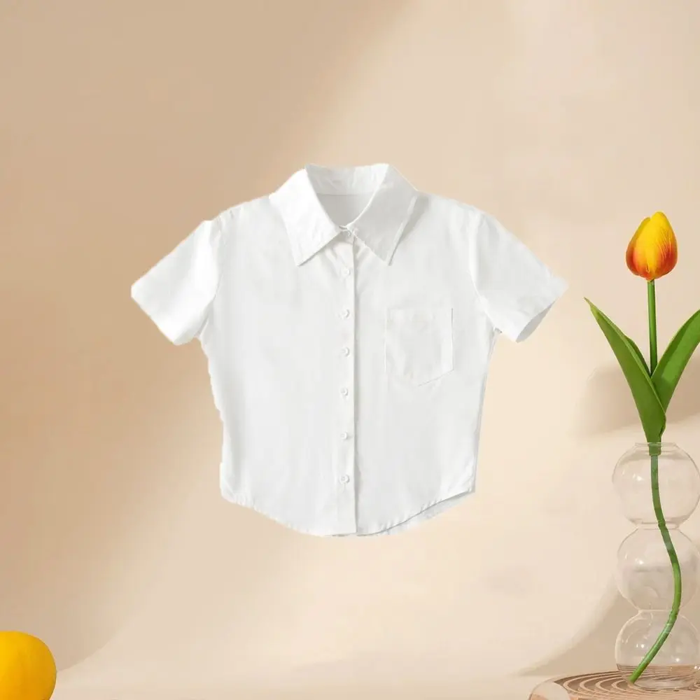 Рубашки с короткими рукавами в корейском стиле и v-образным вырезом с карманами на пуговицах, тонкая блузка, женский укороченный топ Y2K, милые женские рубашки для девочек