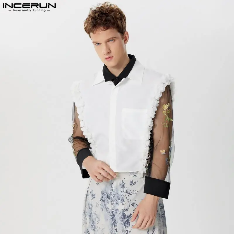 

INCERUN Tops 2024 American Style Fashion Men's Lace Design Shirts Casual Party Shows Male Hot Sale Solid Sleeveless Blouse S-5XL