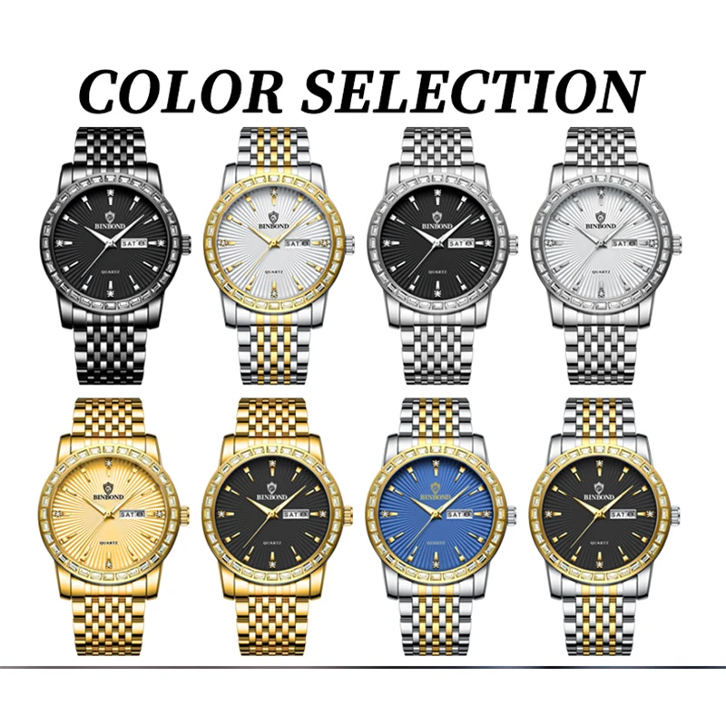 BINBOND-ساعة كوارتز فاخرة للرجال مرصعة بالماس ، عمل ، مضيئة ، مقاومة للماء ، ترفيه ، موضة ، رفيعة جدًا ، طالب ، رياضة
