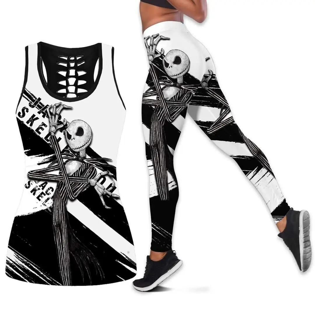 Jack Skellington Women\'s Hollow Vest + Womens Leggings Yoga Suit Fitness Leggings Sports Suit Disney Tank Top Legging Set Outfit