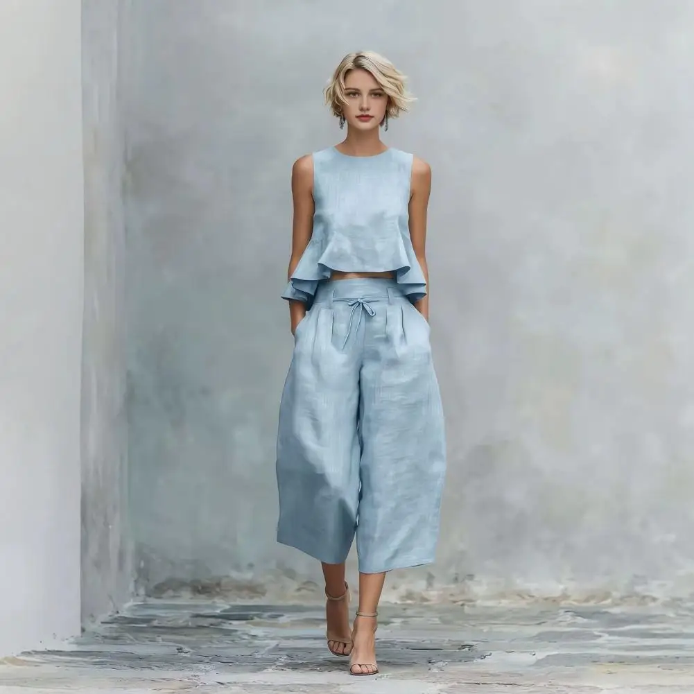 Polyester Fiber Suit Breathable Fabric Suit 2 Piece Women’s Summer Set Ruffle Tank Top Wide Leg Pants Vacation Lounge Outfit