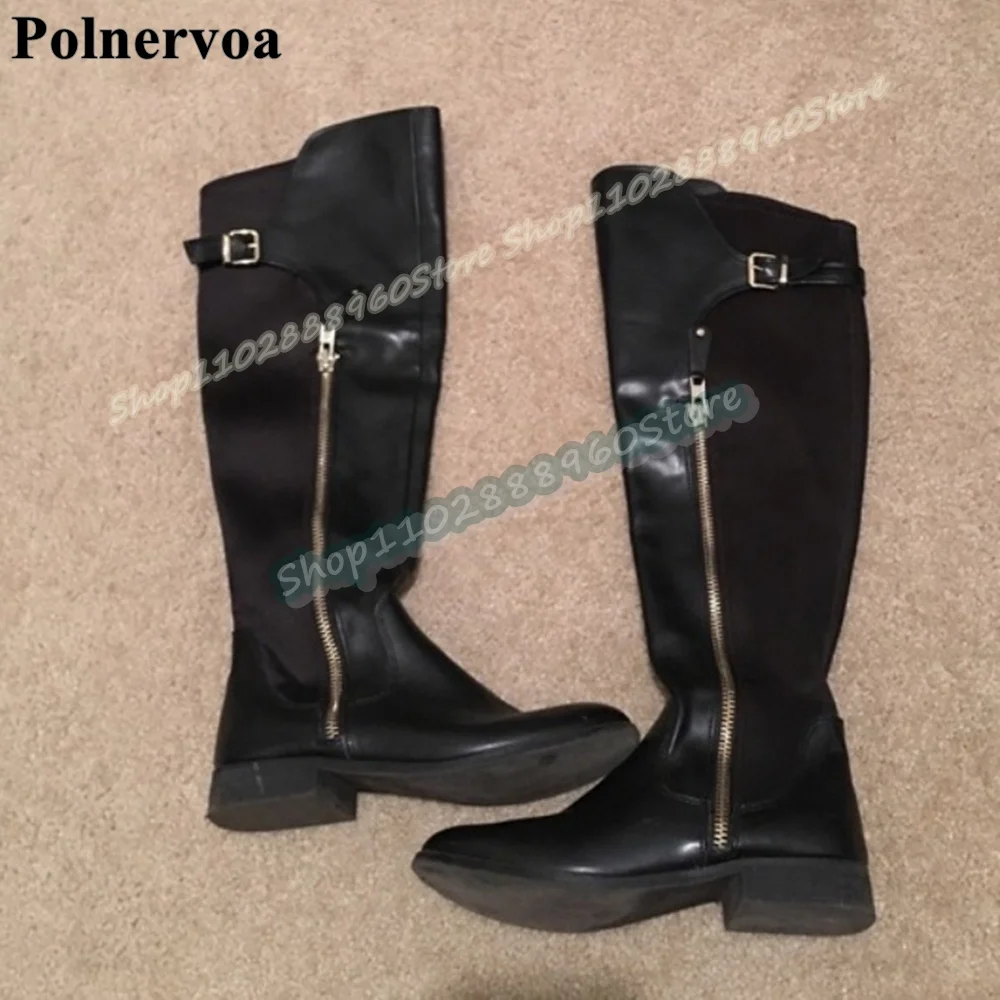 

Stylish Knee High Black Beveled Splicing Boots Flats Shoes For Women Side Zipper Round Toe Fashionable 2026 Zapatos Para Mujer