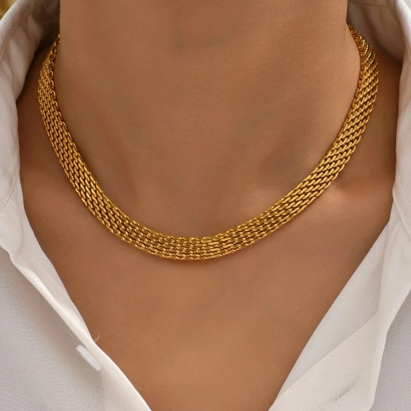 Gold Plated Stainless Steel Multi Layer Wide Choker Necklace Tarnish Resistant Waterproof Hypoallergenic Jewelry