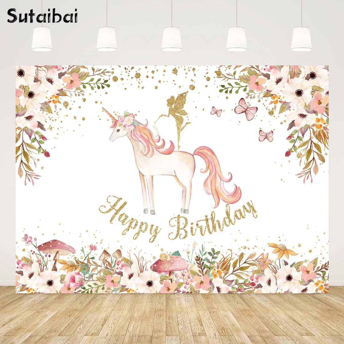 

Birthday Backdrop for Girls Fairy Tale Unicorn Wonderland Pink Floral Kids 1st 2nd Birthday Backdground Flowers Princess Banner