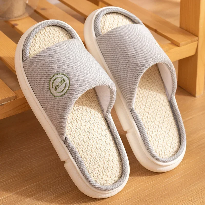 Couples Home Linen Slippers Women Men Indoor Bedroom Soft Slides Comfortable House Thick Sole Shoes Non-slip Breathable Flats