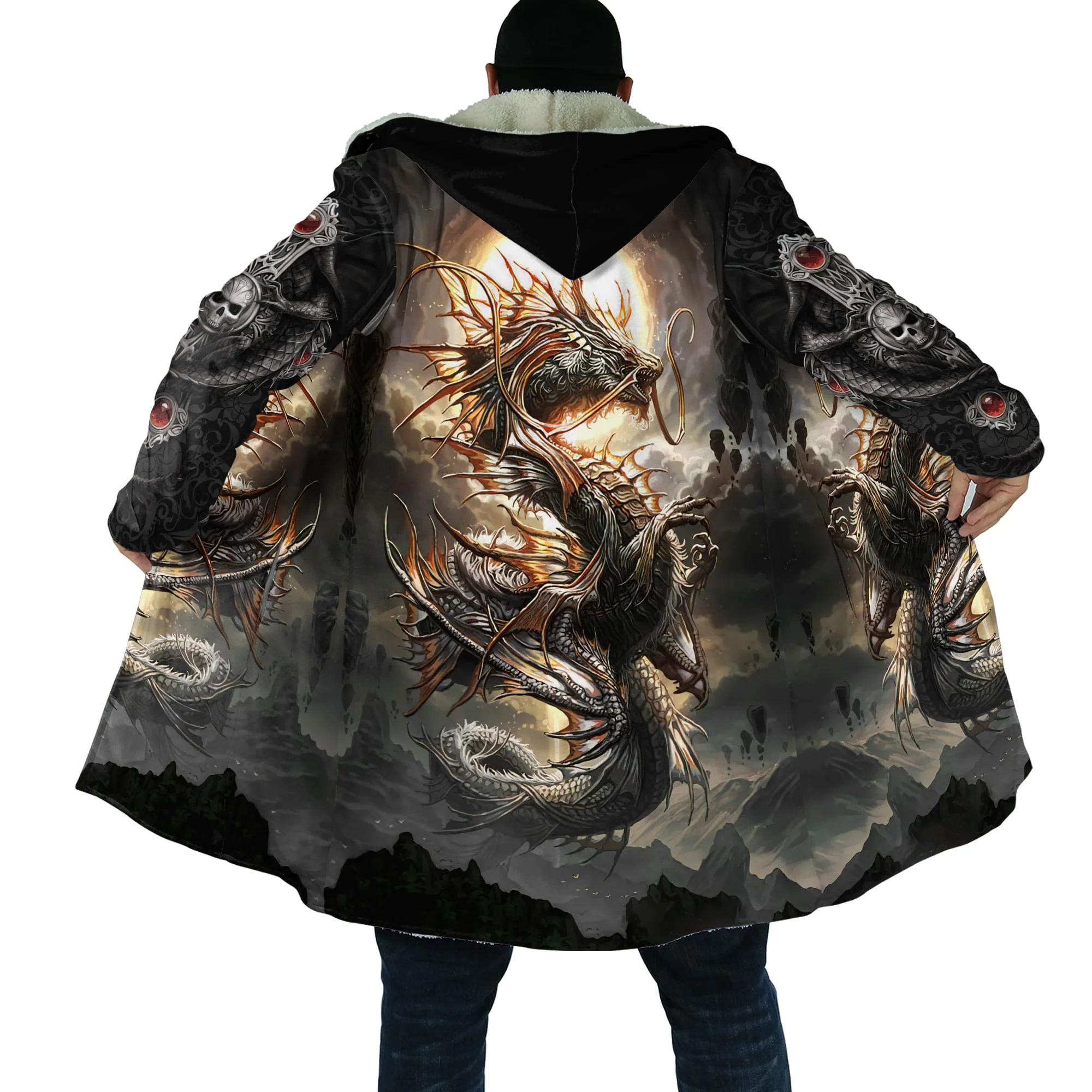 PLstar Cosmos Mens Cloak Tattoo Skull Dragon 3D All Over Printed Fleece Hooded Cloak Unisex Casual Thick Warm Cape coat PF72