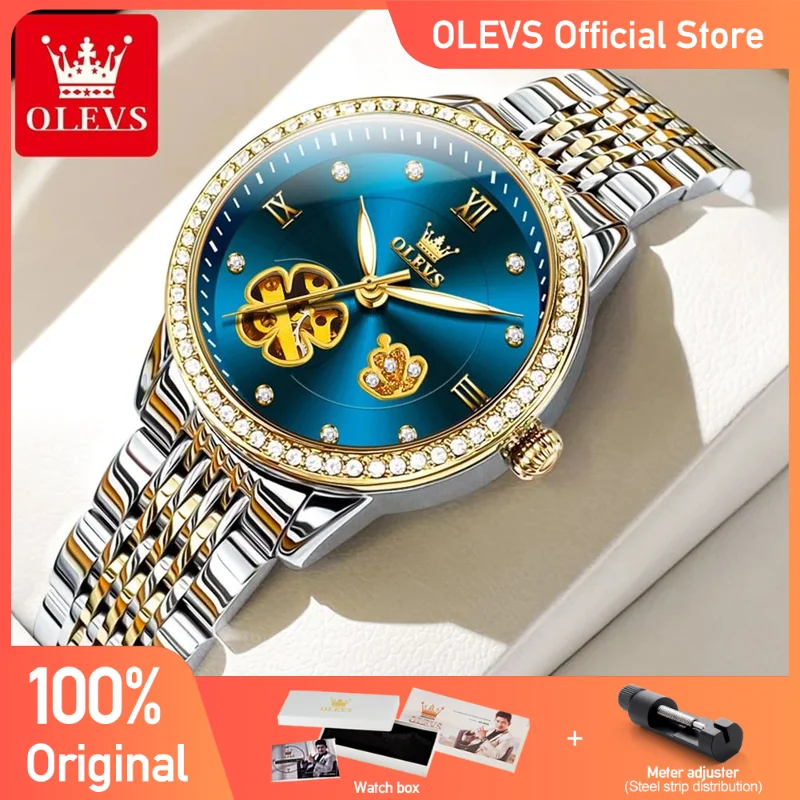 OLEVS Women\'s Watches Elegant Fashion Hollow Flower Dial Automatic Wristwatch Waterproof Jubilee Strap Bracelet Necklace Set